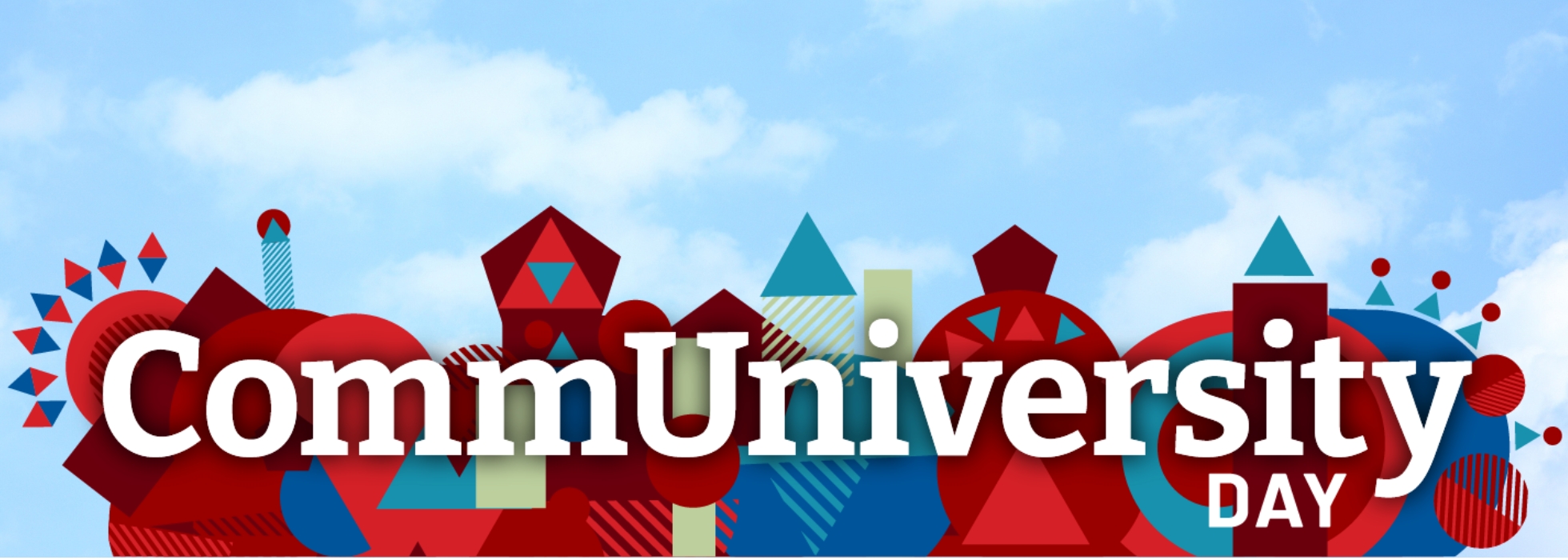 the SBU CommUniversity Day logo, featuring some red and blue shapes and clouds