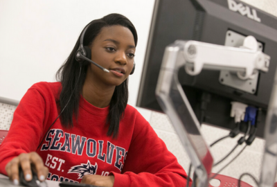 Student talking on a headset