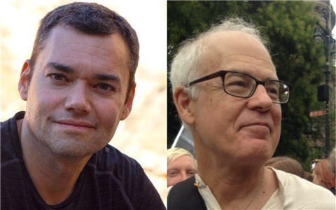 The man on the left has short dark hair, smiling softly. The man on the right has white hair, wearing glasses, looking thoughtful. Trees are visible in the background.