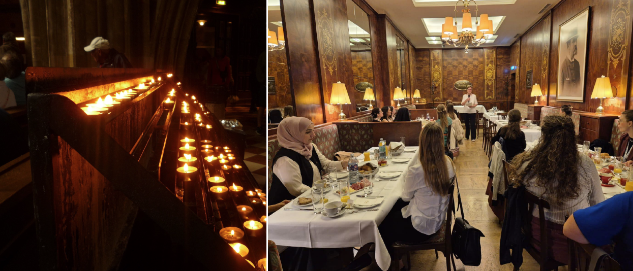 on the left, an image of lit candles in a church, right side restaurant 