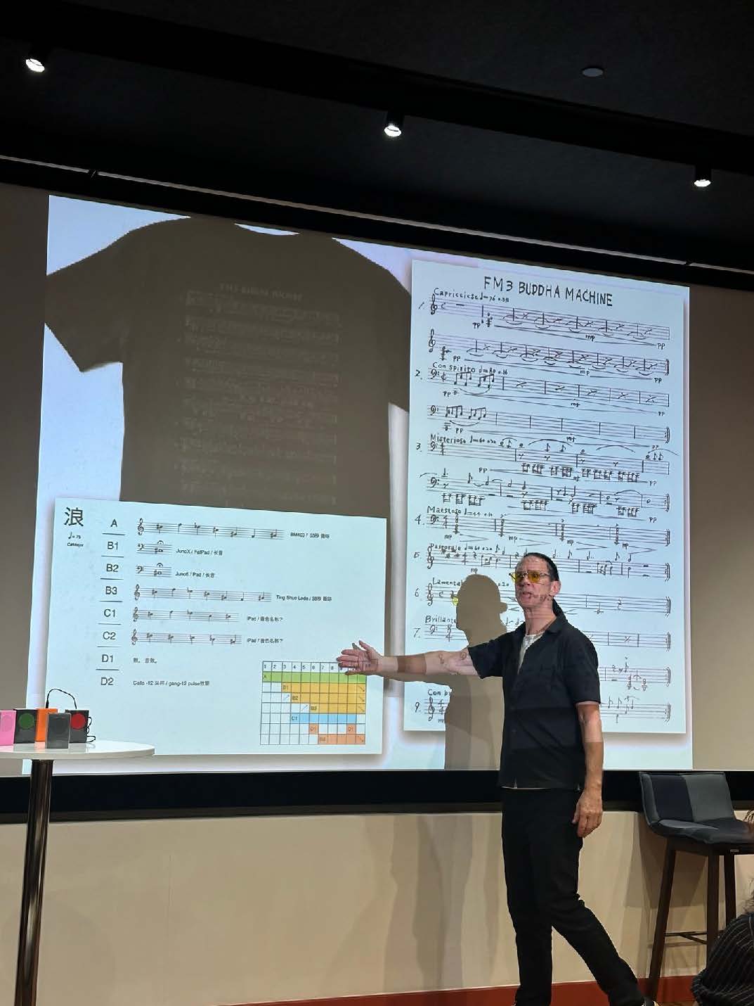 Person presenting a lecture on FM3 Buddha Machine, pointing at a large projected image showing detailed musical notation and related charts.