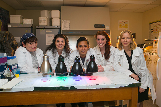 A group of five people in lab coats smiles in a lab. They lean over a table with colorful lights under petri dishes, creating a bright, collaborative atmosphere.