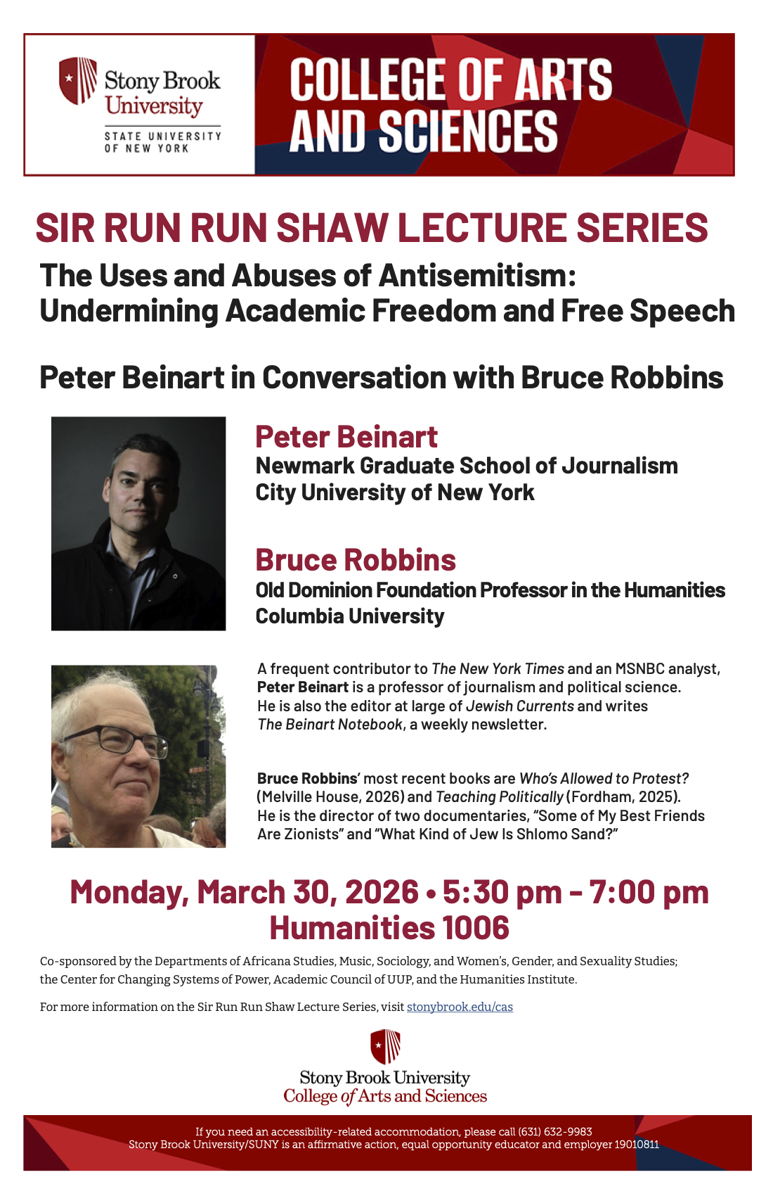 The Uses and Abuses of Antisemitism: Undermining Academic Freedom and Free Speech event poster poster with photos of speakers Peter Beinart and Bruce Robbins