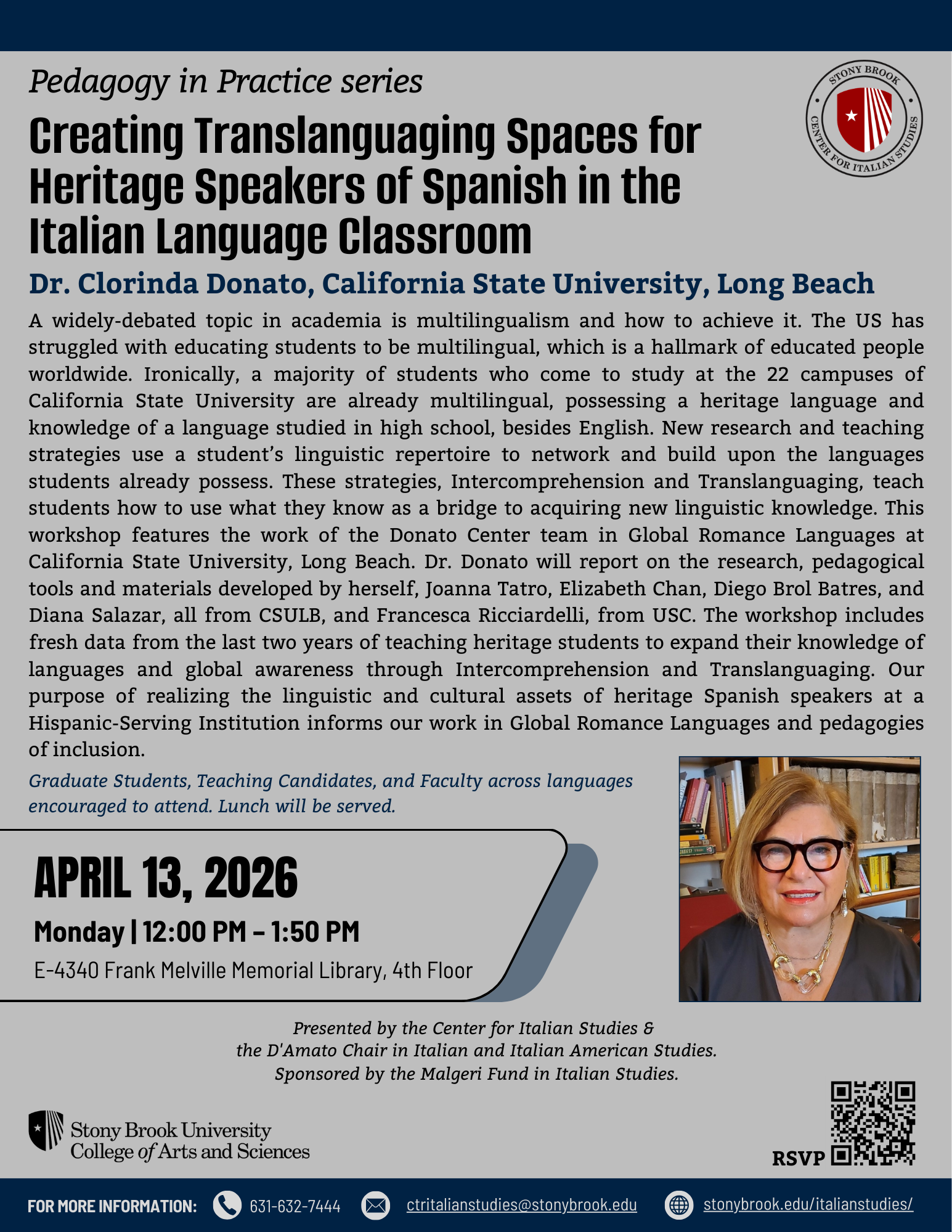 flyer advertising the April 13 event with Clorinda Donato. Information on the flyer is the same as what's on the site. The flyer contains a headshot photo of Donato.