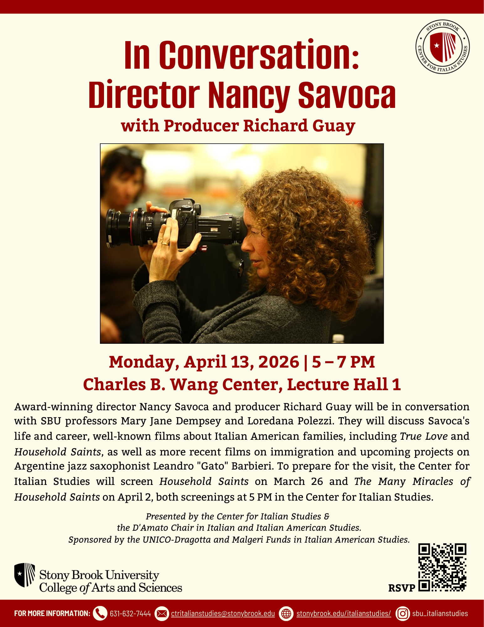 flyer advertising the April 13 event with Director Nancy Savoca. Information on the flyer is the same as what's on the site. The center contains an image of a woman holding a camera.